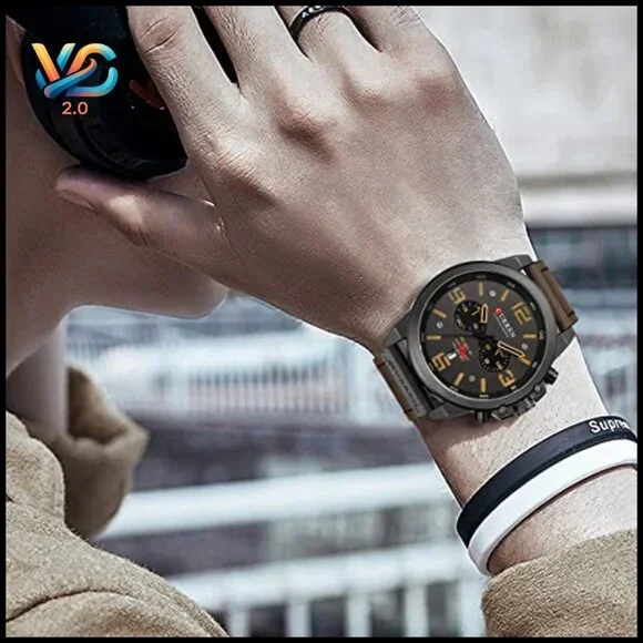 Men's Sport Military Analog Quartz Watch Leather Strap Waterproof Chronograph